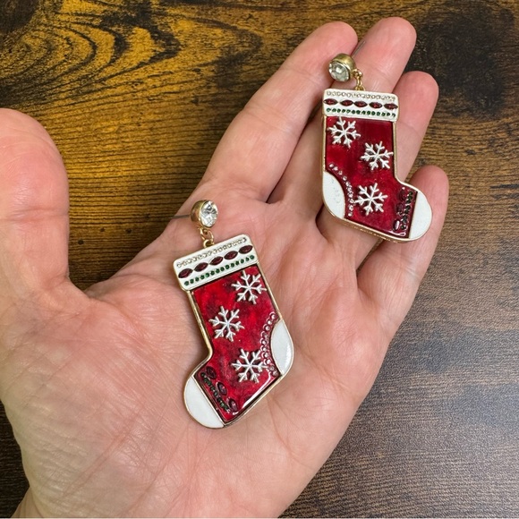 Red Christmas Stocking Earrings 2.25 Inch Snowflakes Rhinestone Post Dangles - Picture 4 of 7